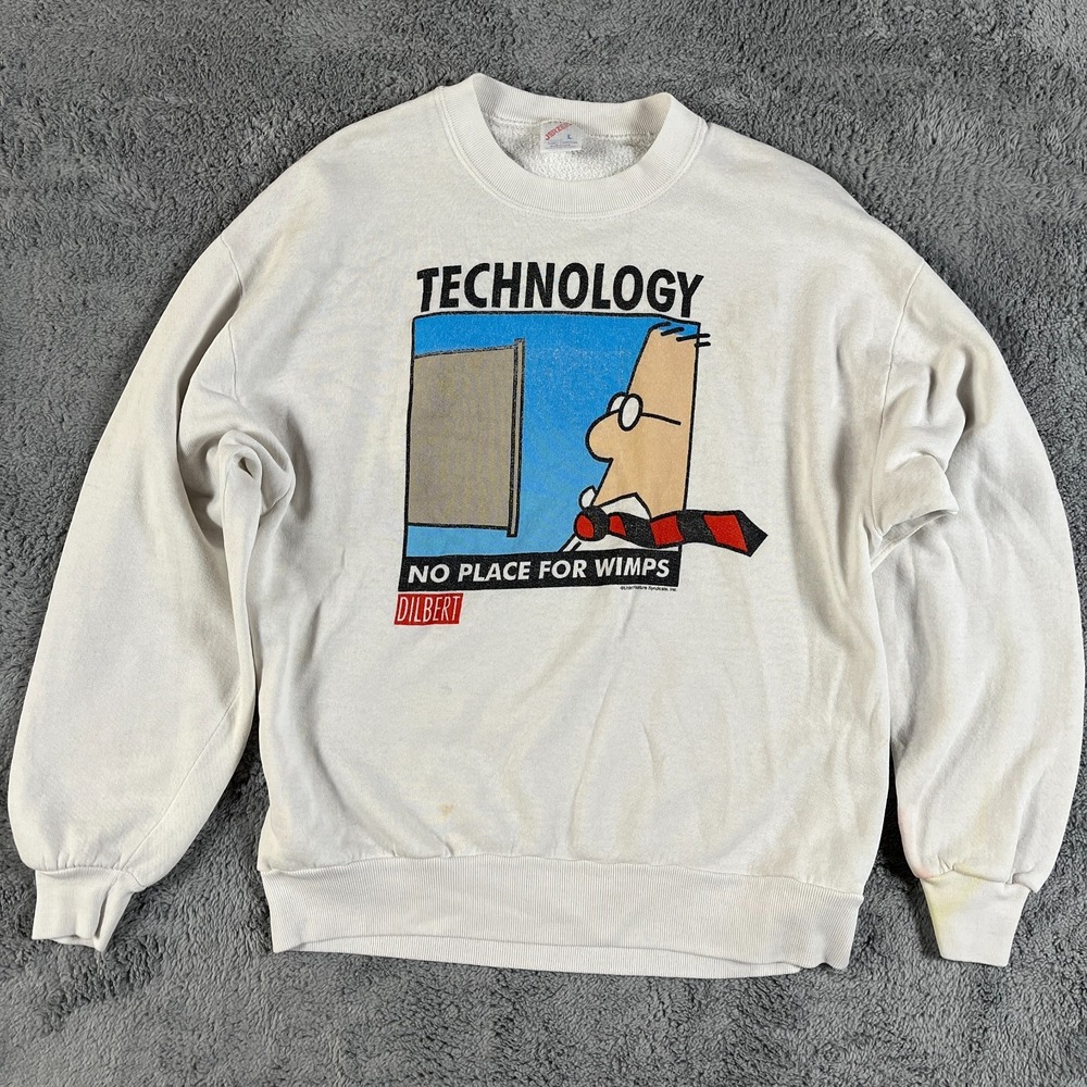 Vtg Jerzees Dilbert Technology No Place For Wimps Graphic Sweatshirt Men L White